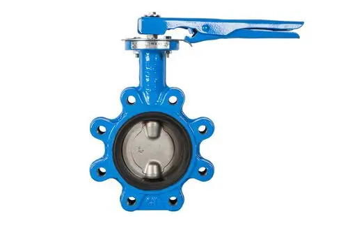 Blau lackierte Absperrklappe mit seitlichem Handhebelmechanismus zur Steuerung des Durchflusses, hergestellt von IMI Hydronic Engineering.